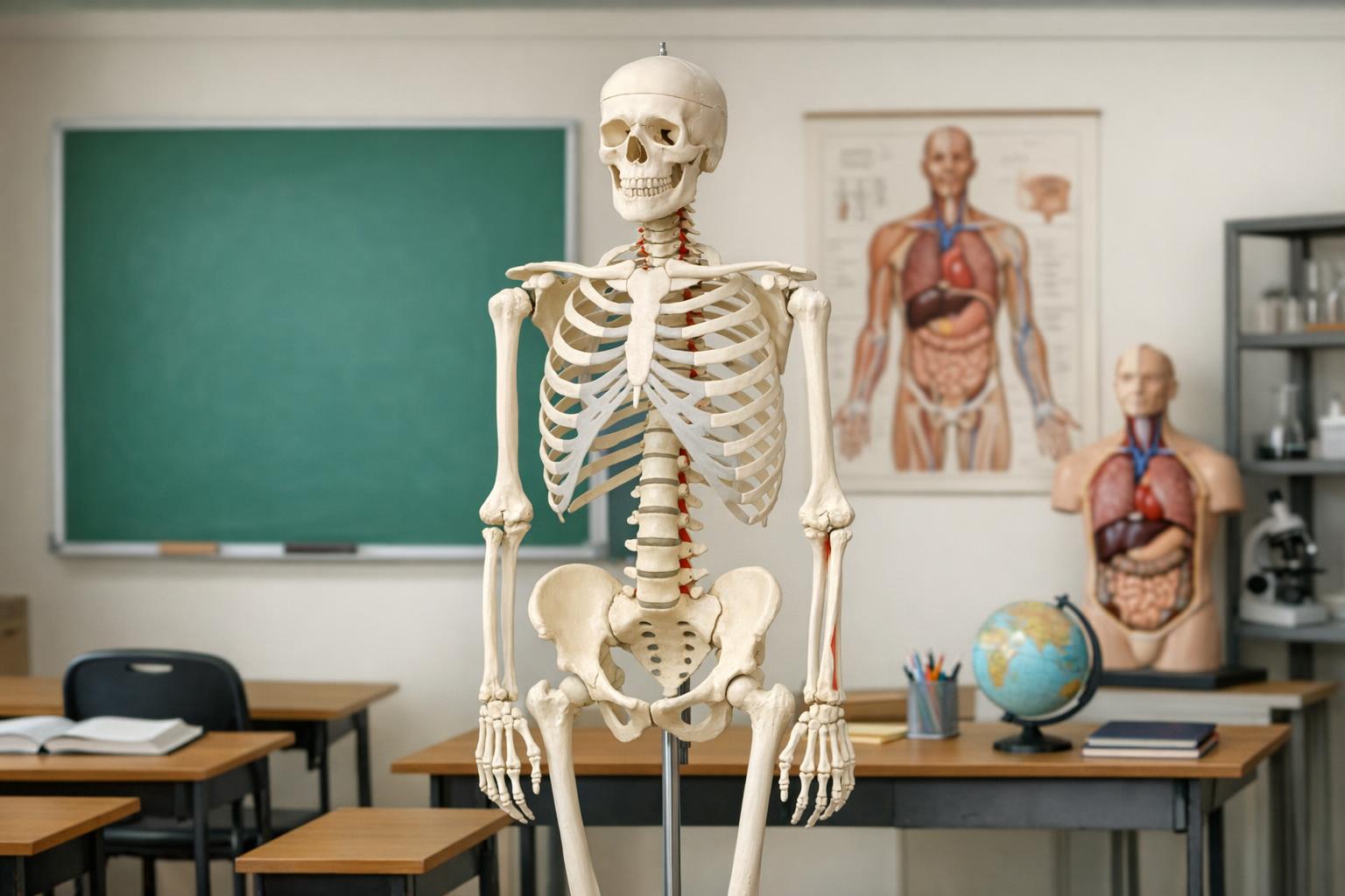 Dydaktyczny model szkieletu człowieka ustawiony w sali lekcyjnej