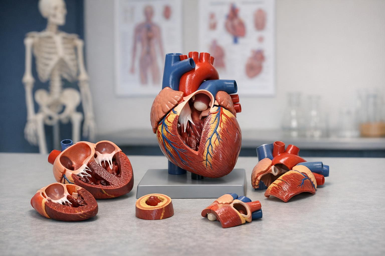 Zdjęcie: rozkładany model anatomiczny serca na stole dydaktycznym